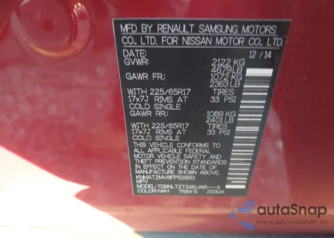 2015 Nissan Rogue Sv z USA, uszkodzony, nr VIN KNMAT2MV8FP519911